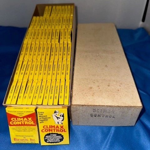 Full box of Climax Control Condoms (NOS) 71 packages from the 50's